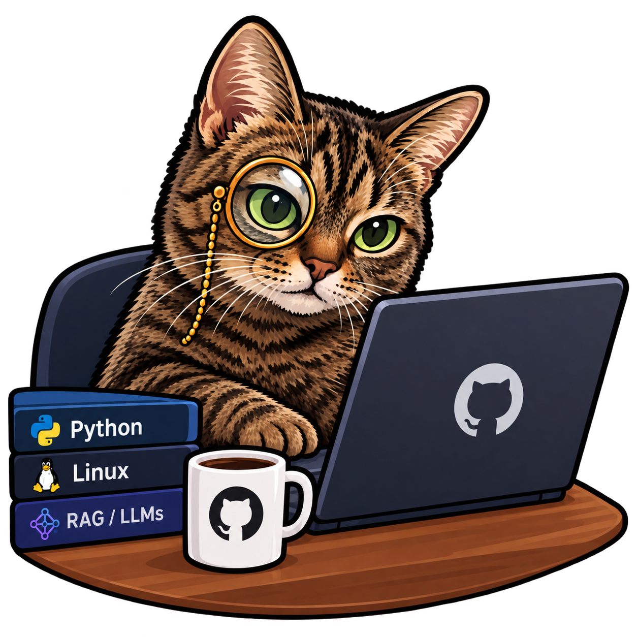 Illustration of a cat studying at a laptop